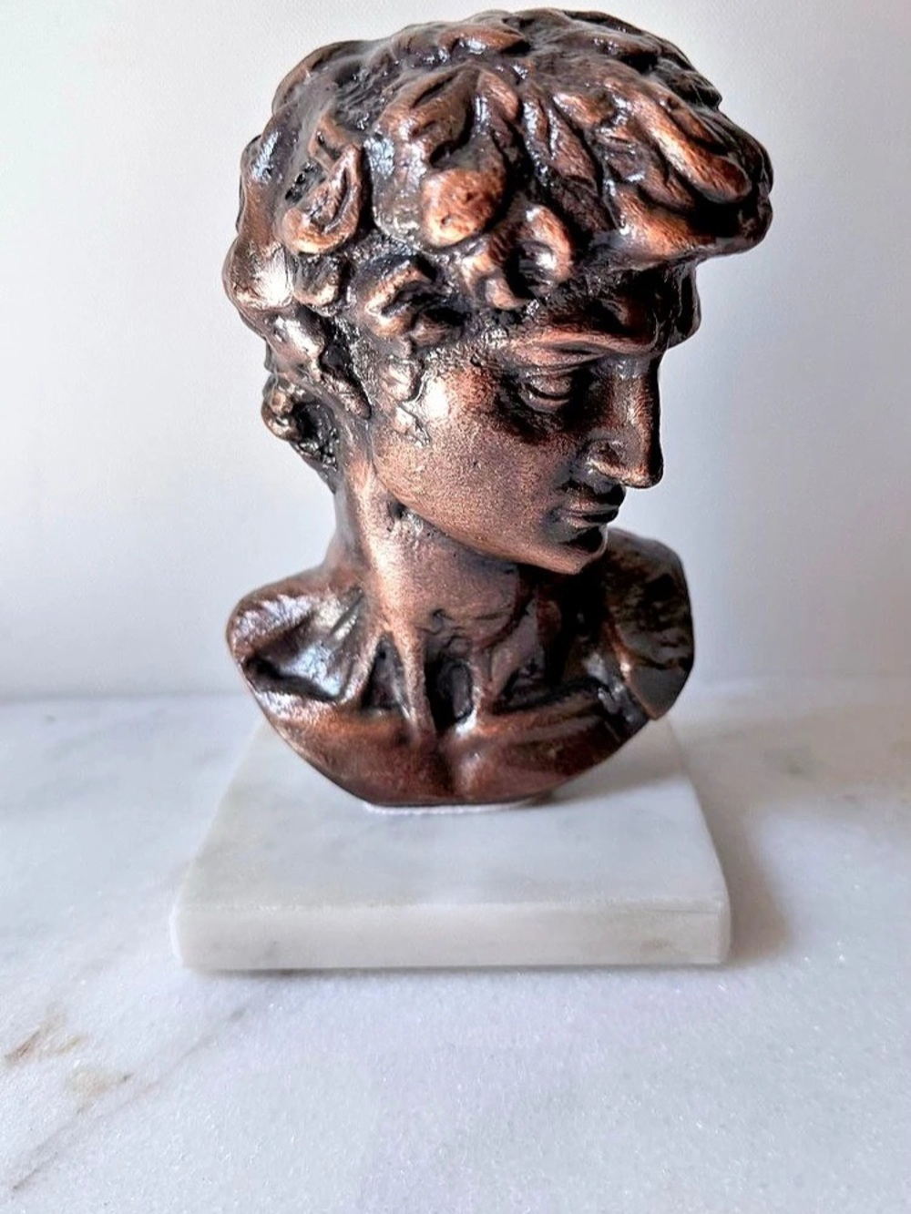 Classic Michelangelo's David Mini Metal Bust Sculpture on Marble Base 6”